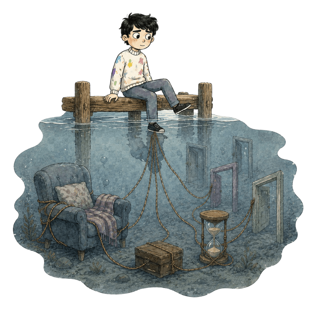 Boy sits quietly on a wooden dock while, beneath the water, ropes tie him to a familiar armchair, an hourglass, a keepsake box, and several unopened doors.