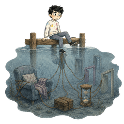 Boy sits quietly on a wooden dock while, beneath the water, ropes tie him to a familiar armchair, an hourglass, a keepsake box, and several unopened doors.