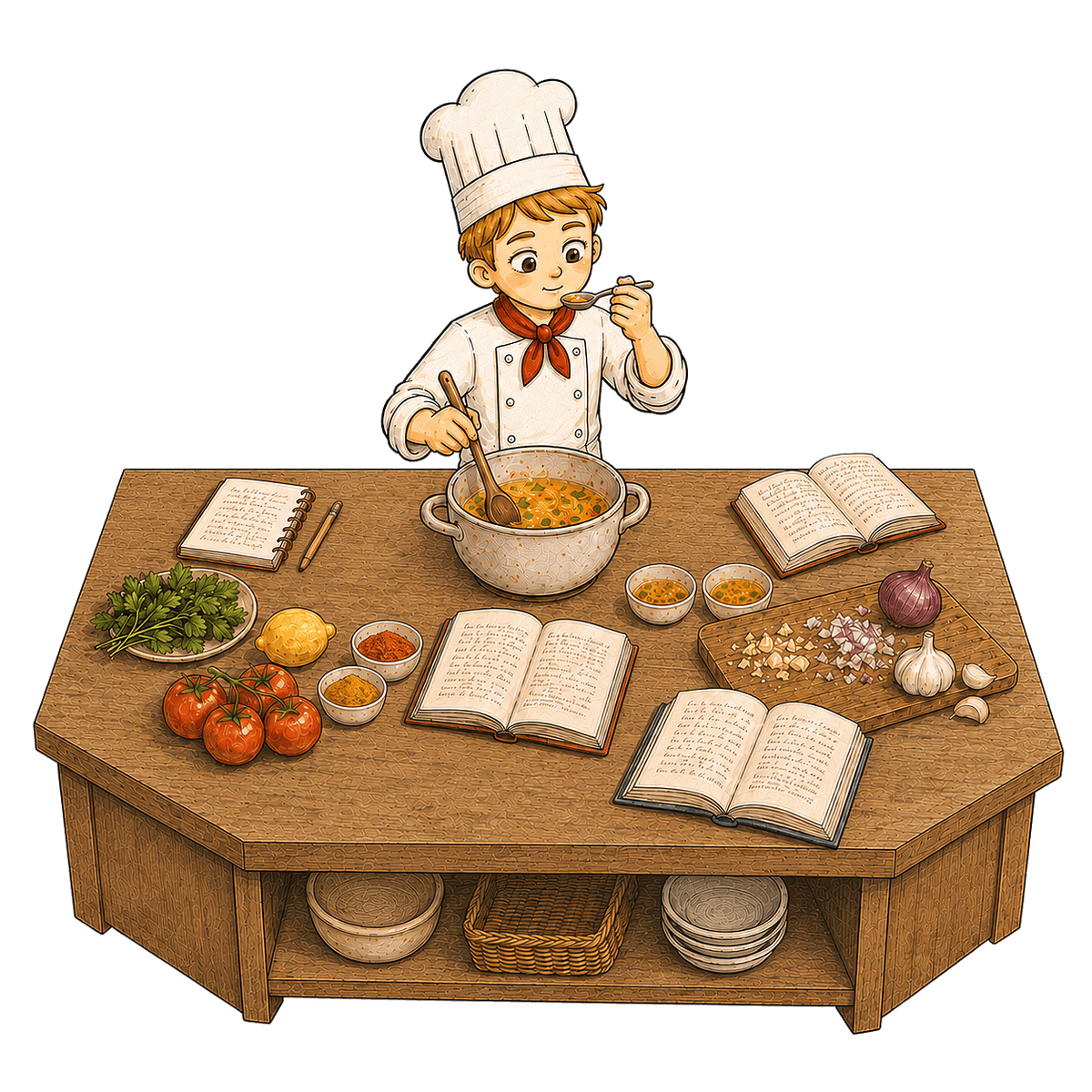 A young chef invents a new recipe by combining ideas from three cookbooks, experimenting with ingredients, and testing different versions.