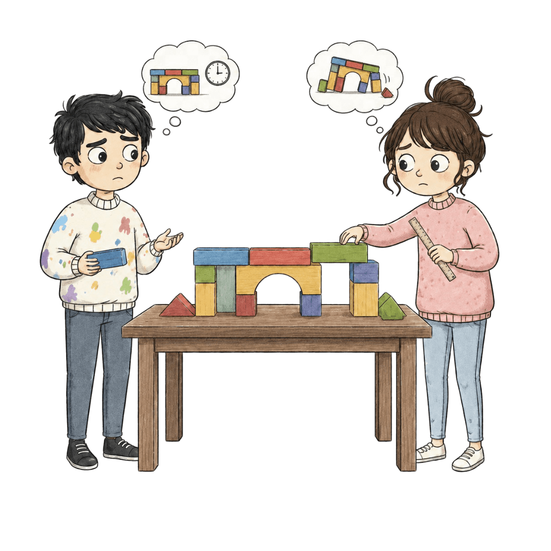 Two colleagues build a block bridge together while imagining different outcomes: one focuses on finishing on time, while the other worries that rushing could make it collapse.