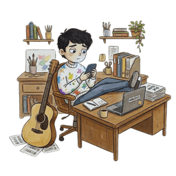 Boy scrolling on his phone at a desk while creative projects and work remain unfinished around him.