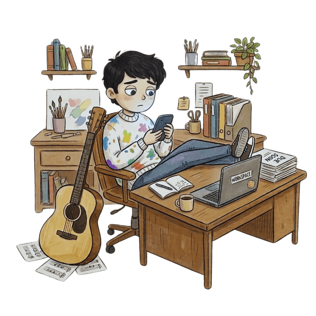 Boy scrolling on his phone at a desk while creative projects and work remain unfinished around him.