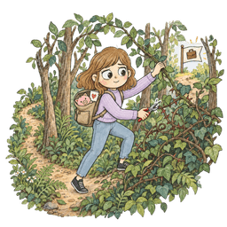 Girl uses pruning shears to clear a path through a dense forest towards a new career, carrying symbols of financial security and loved ones in her backpack.