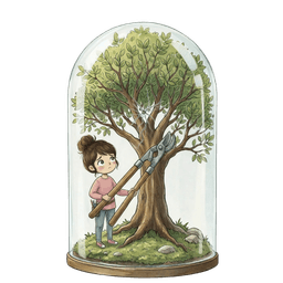 Girl holding large pruning shears, trying to cut a branch from a dense tree inside a cracked glass dome.