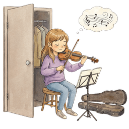 Girl playing the violin inside an open closet, symbolizing hidden talent.
