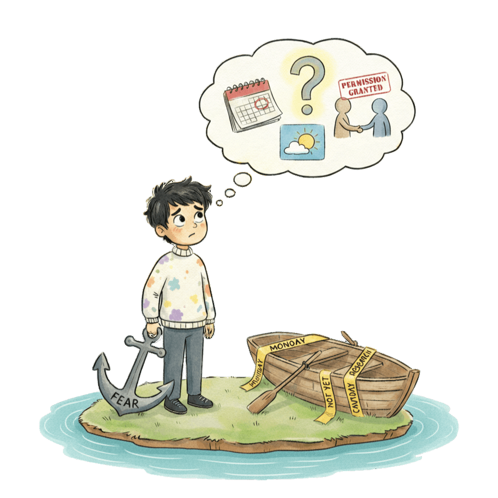 Boy on a small island holding an anchor labeled fear, hesitating to board a boat tied with “Monday” and “Not yet.”