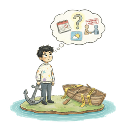 Boy on a small island holding an anchor labeled fear, hesitating to board a boat tied with “Monday” and “Not yet.”