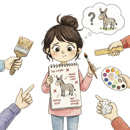 Girl holding a drawing of a donkey while multiple hands point and offer conflicting advice around her.