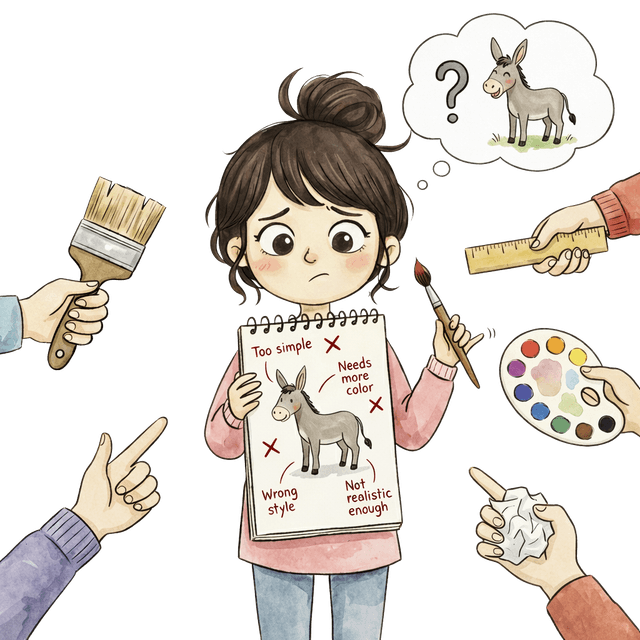 Girl holding a drawing of a donkey while multiple hands point and offer conflicting advice around her.