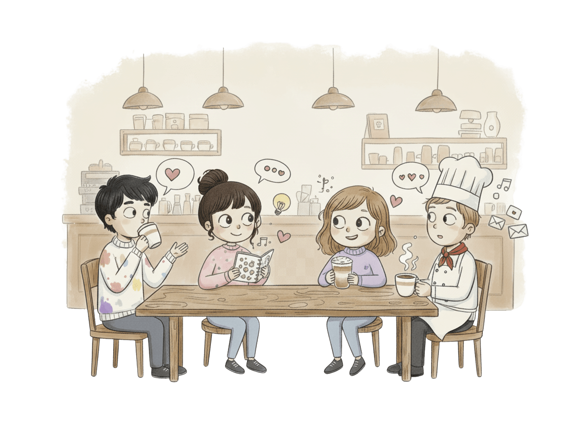 Illustration of four people having a warm conversation at a cafe table, sharing ideas and thoughts.