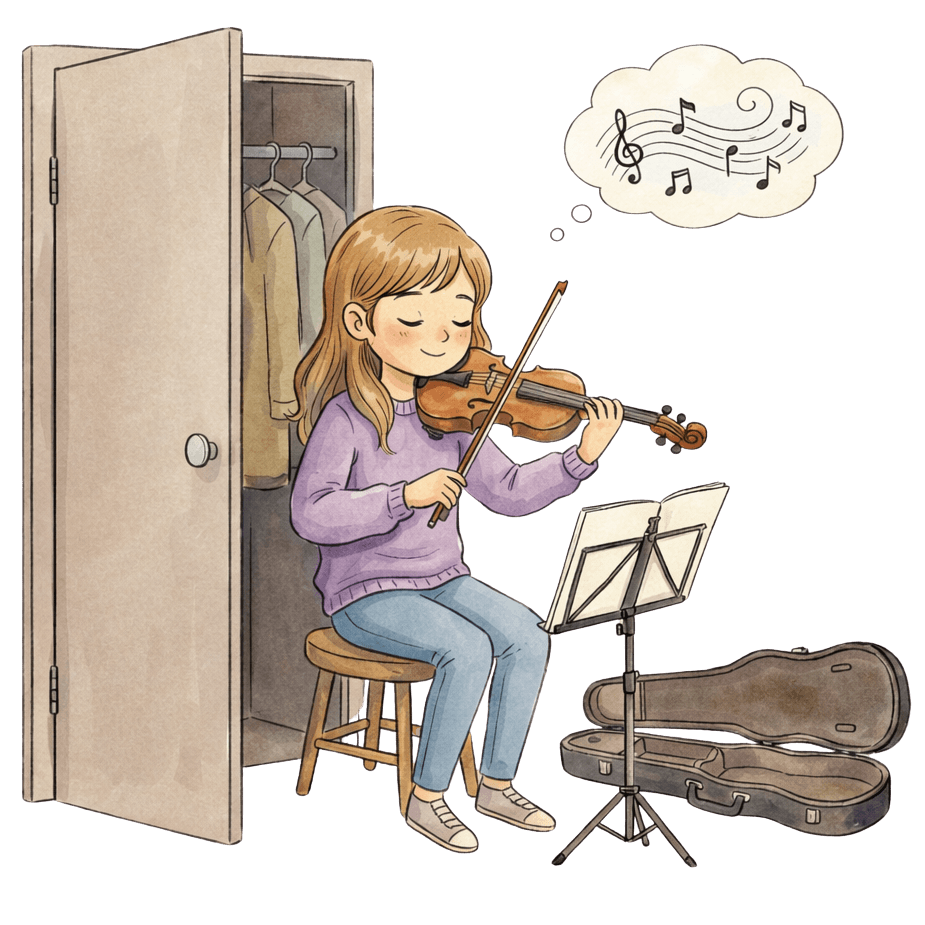 Girl playing the violin inside an open closet, symbolizing hidden talent.